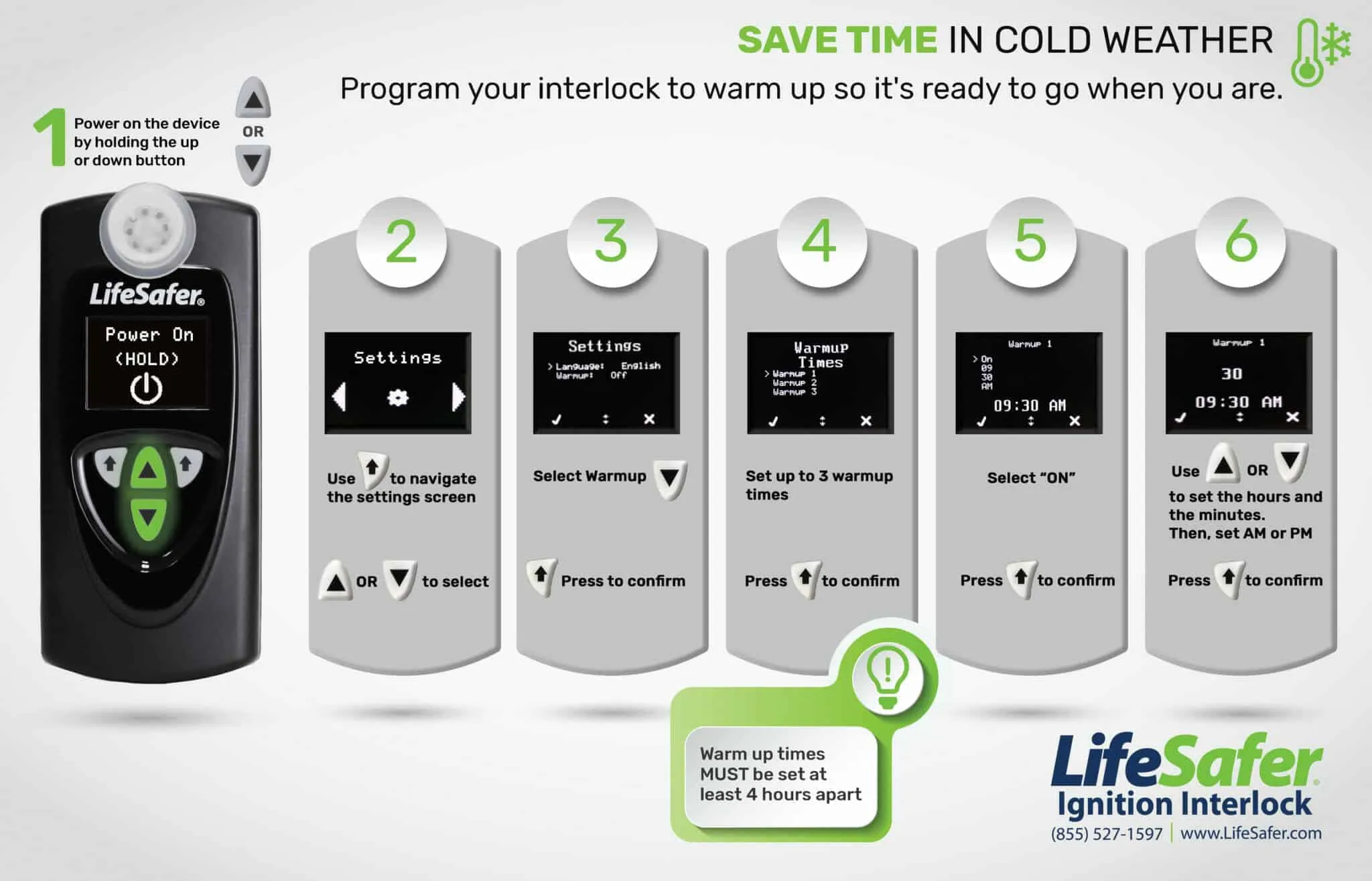 LifeSafer Ignition Interlock Warm Up Times Graphic Step by Step