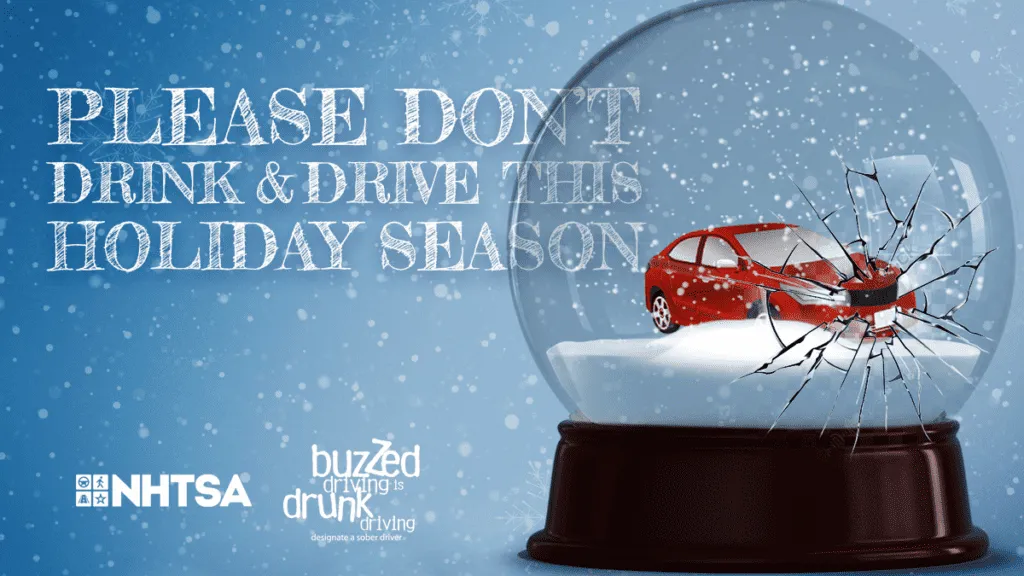 this is a photo of a snow globe saying "please don't drink and drive this holiday season"